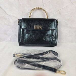 INC Metallic Green Top Handle Satchel Gold Hardware Faux Leather Long Strap NOWT